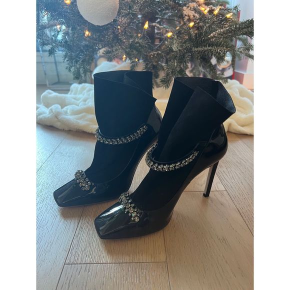 JIMMY CHOO Maruxa 100 suede-paneled embellished patent-leather ankle boots - Picture 7 of 7